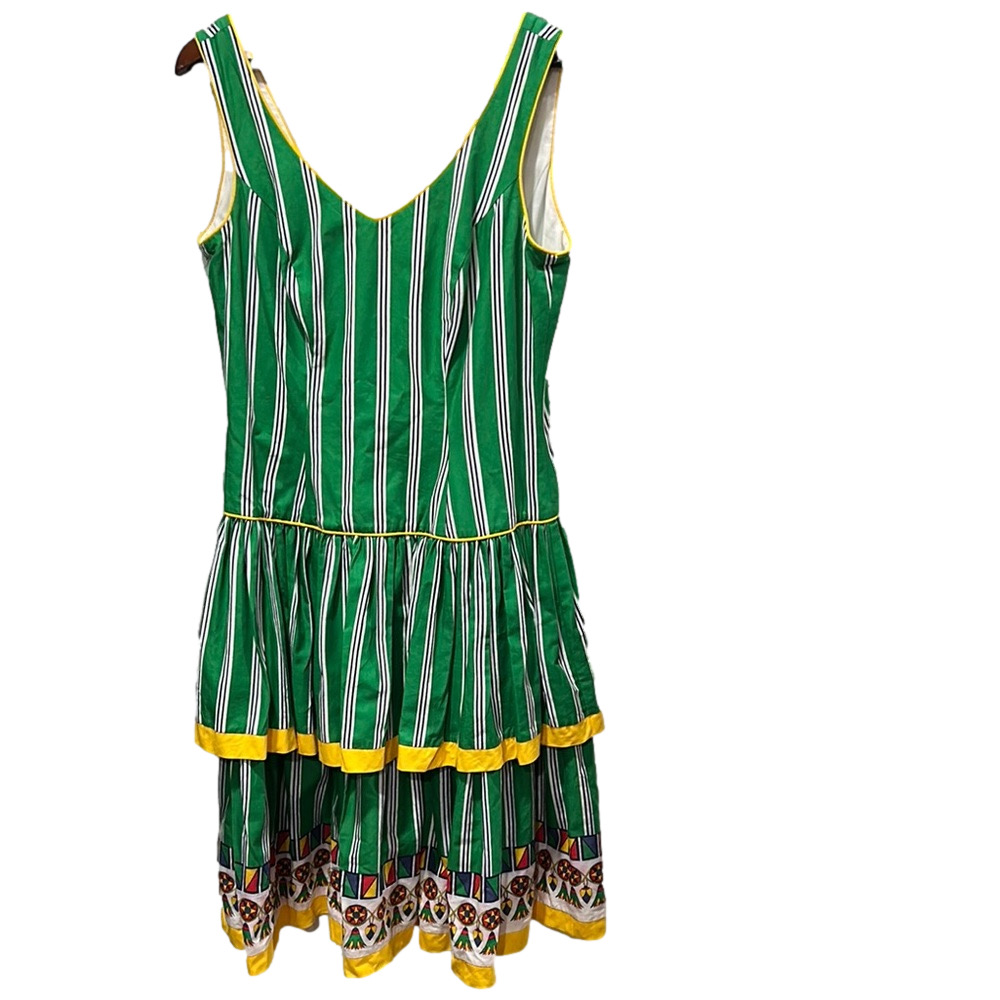 Roberto Dei como Italy vintage Green Striped Dress &Yellow Accents size14GUC..